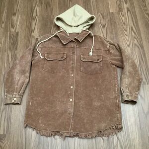 Women's Large  Hooded Corduroy Jacket  Frayed Hemline Snap Front, Pockets